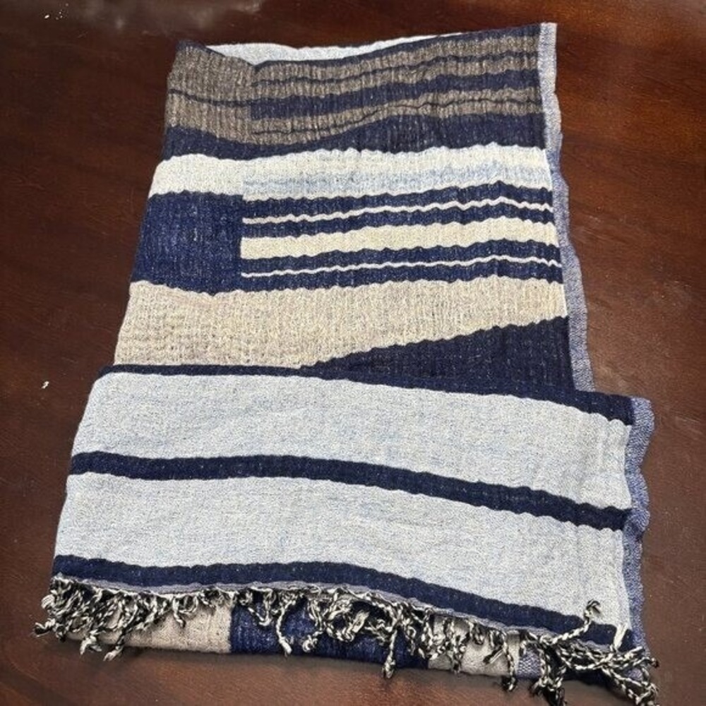 Wilfred Blue Striped Wool Rectangular Scarf Fringe Trim 29x76 Inch